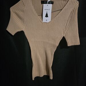 Zesica Women's Short Sleeve Ribbed Top - Beige